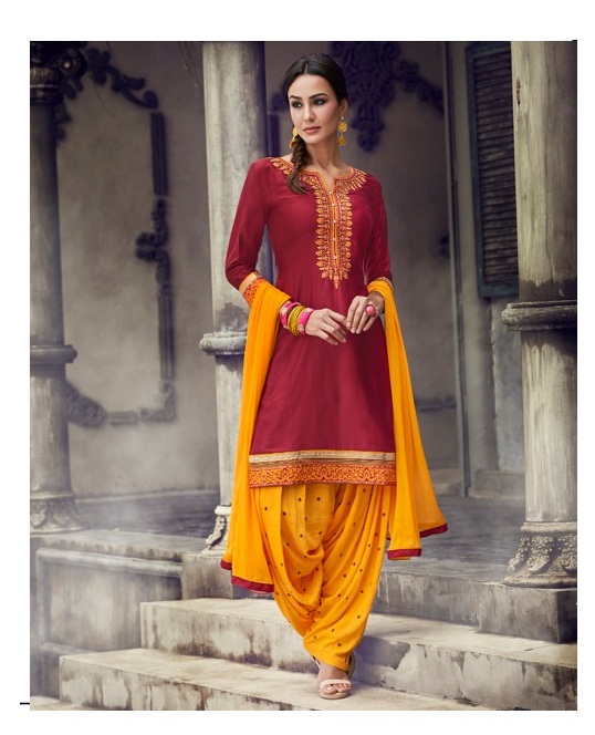 Cream Multi Color thread full work Chanderi Silk Readymade Patiala Suit  #30434 | Buy Patiala Salwar Suit Online